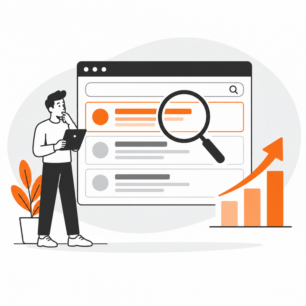 SEO-специалист анализирует поисковую выдачу: лупа, выделенный результат и график роста трафика